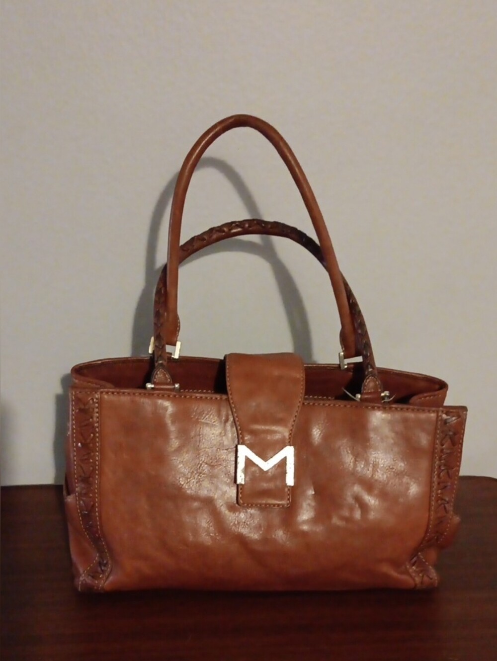 Michael Kors Vintage Tan Brown Leather Buckle Satchel Shoulder Handbag Purse